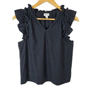 J Crew Black Swiss Dot Ruffle Flutter V Neck Sleeveless Top Womens Size S
